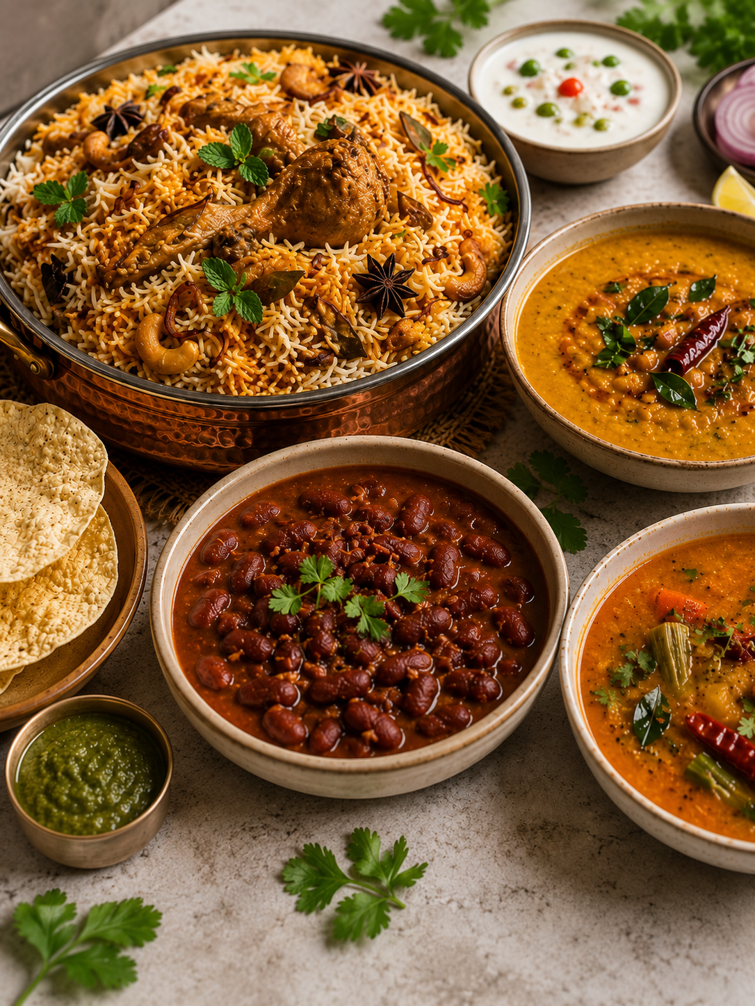 Traditional Indian dishes including biryani, dal, rajma, and sambar