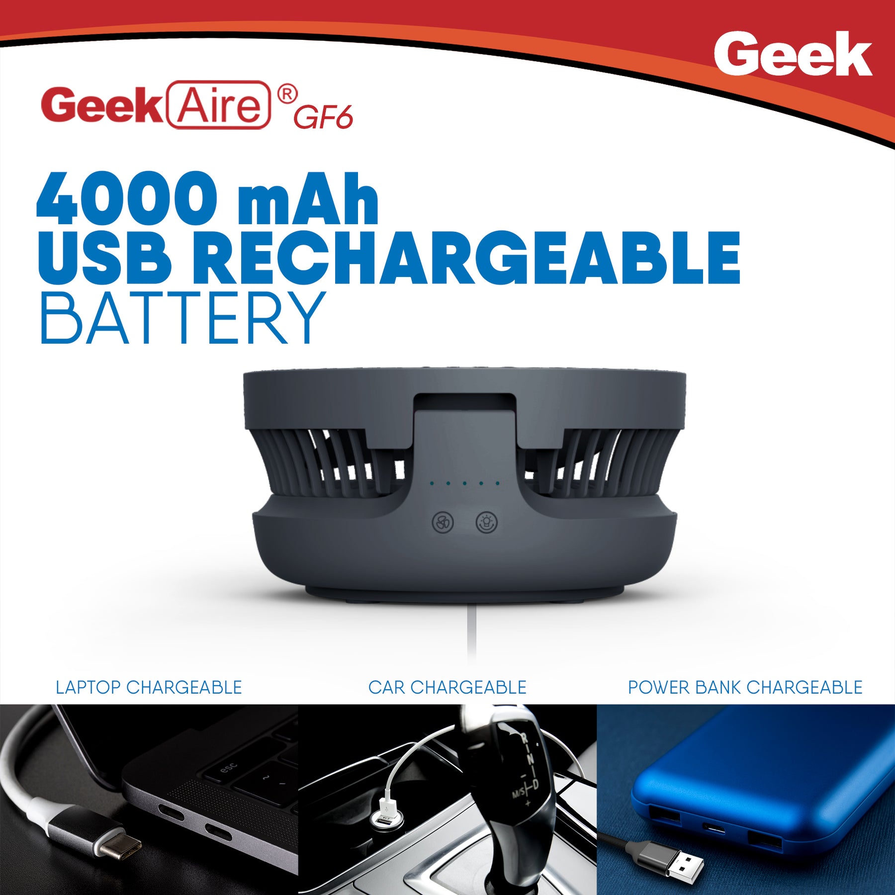 Geek Aire GF6 8 Inch Rechargeable Mini Table Fan with LED Light | Portable, Oscillating, Small Size and USB Charging | Capacitive Touch Control | 4000 mAh Battery | For Travel, Home & Office (Grey)