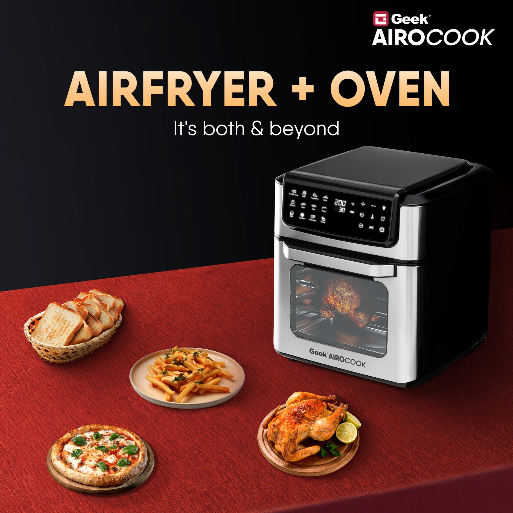 Geek AiroCook Helix 12 Litres 8-in-1 Digital Air fryer oven with In-built Rotisserie Function, 12 Preset Menus, Recipe Book and 8 Accessories 1700W