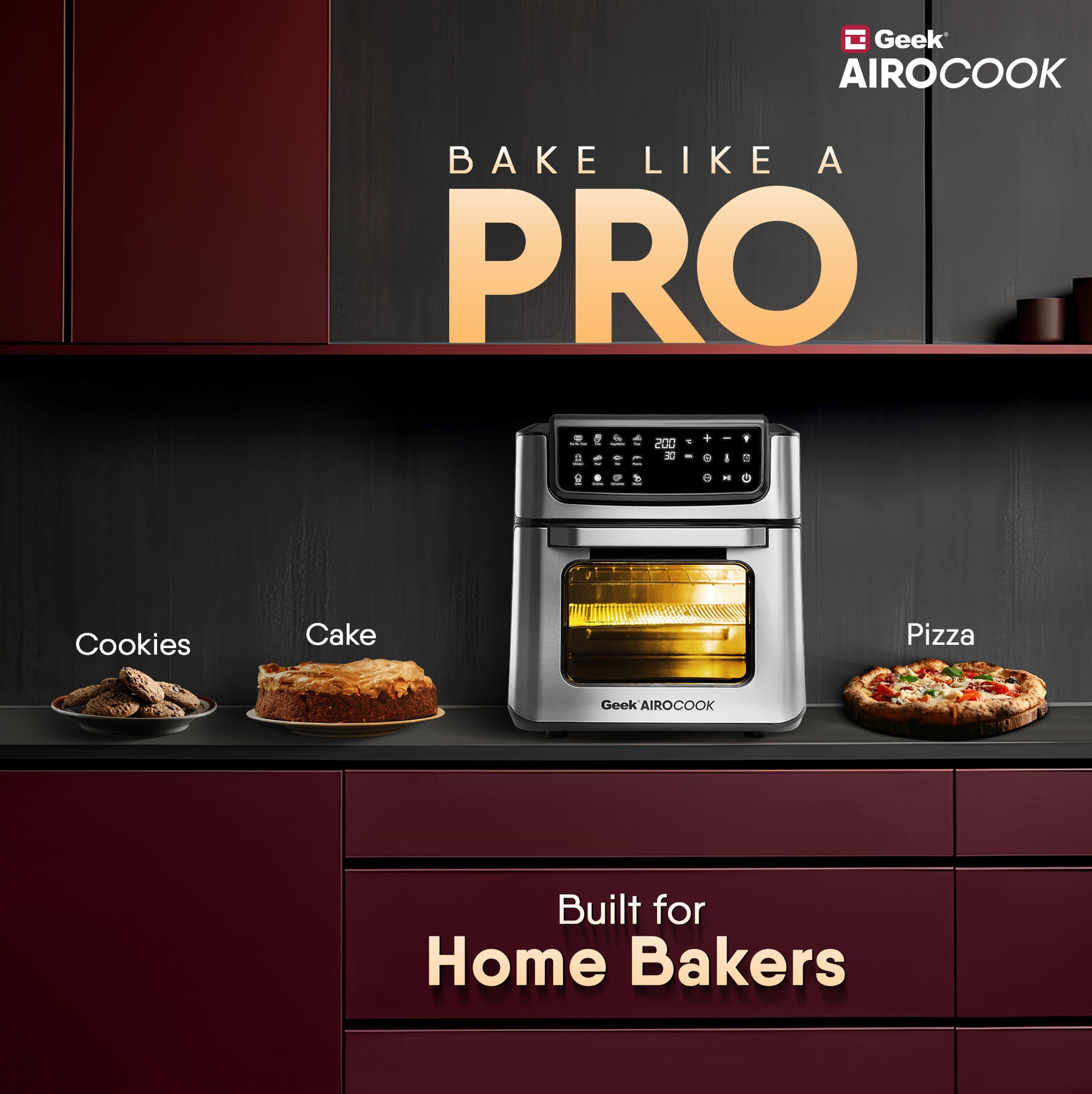 Geek AiroCook Helix 12 Litres 8-in-1 Digital Air fryer oven with In-built Rotisserie Function, 12 Preset Menus, Recipe Book and 8 Accessories 1700W