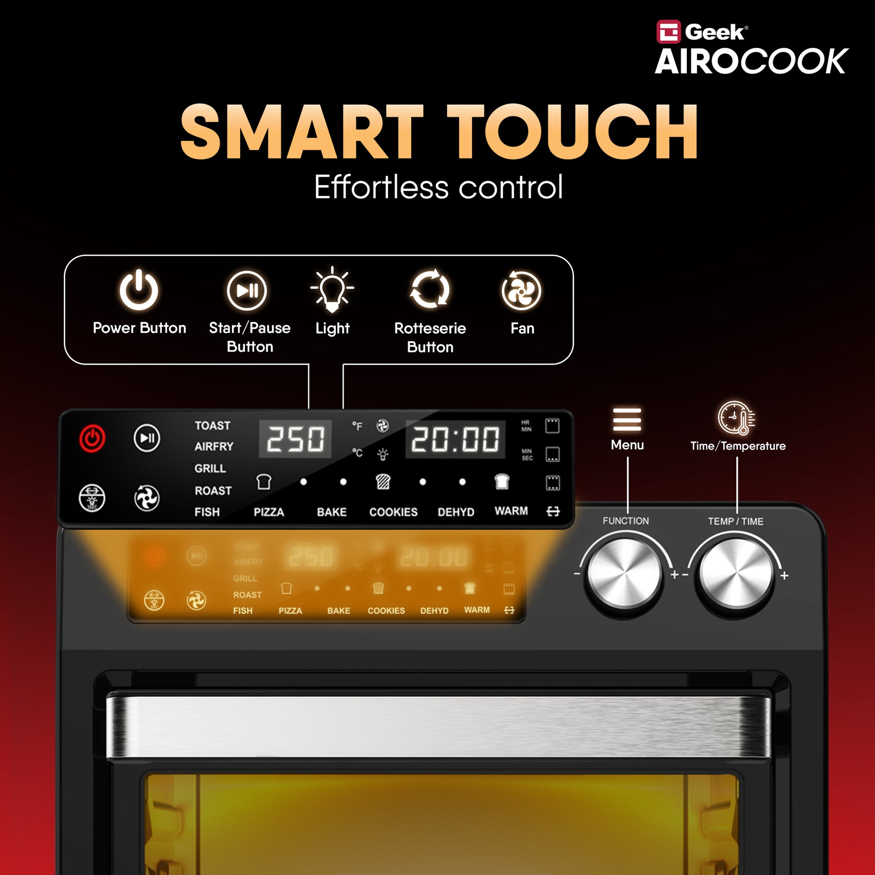 Geek AiroCook Torix 25 Litre Smart Air Fryer Oven | Fry with 85% Less Oil | Stainless Steel OTG Airfryer for Kitchen | Grill, Bake, Toast, Airfry, Rotisserrie | 1-Year Warranty | 1800 W