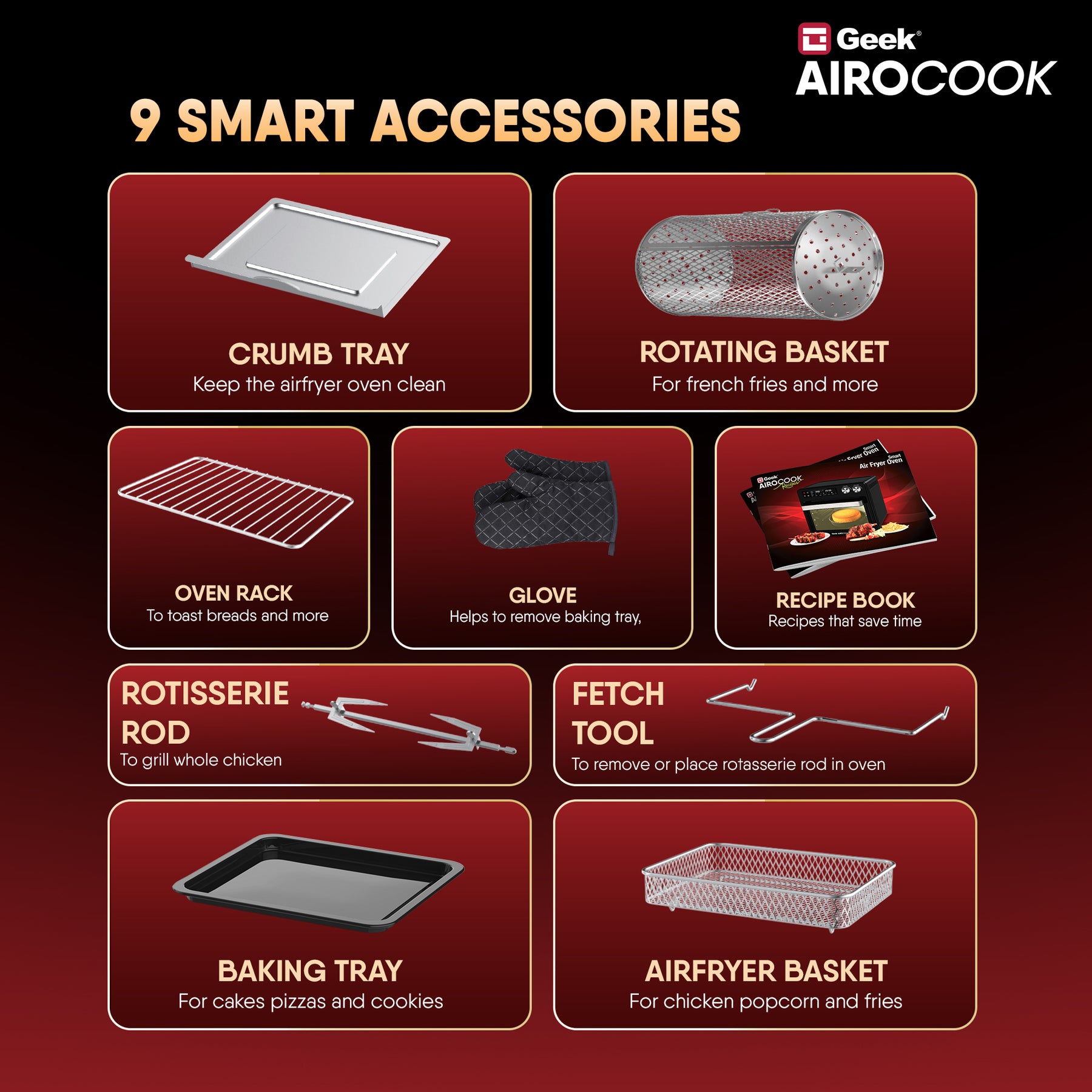 Geek AiroCook Torix 25 Litre Smart Air Fryer Oven | Fry with 85% Less Oil | Stainless Steel OTG Airfryer for Kitchen | Grill, Bake, Toast, Airfry, Rotisserrie | 1-Year Warranty | 1800 W