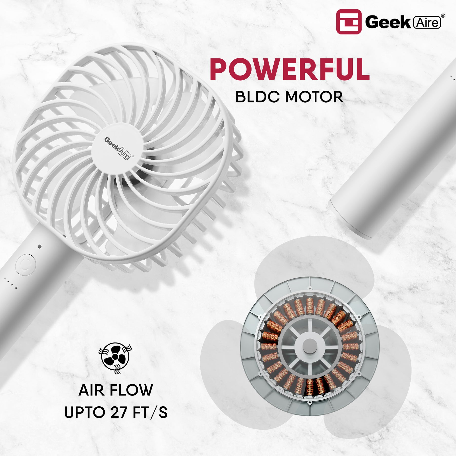 Geek Aire GF3, Rechargeable Mini Fan - 5 Inch (White)