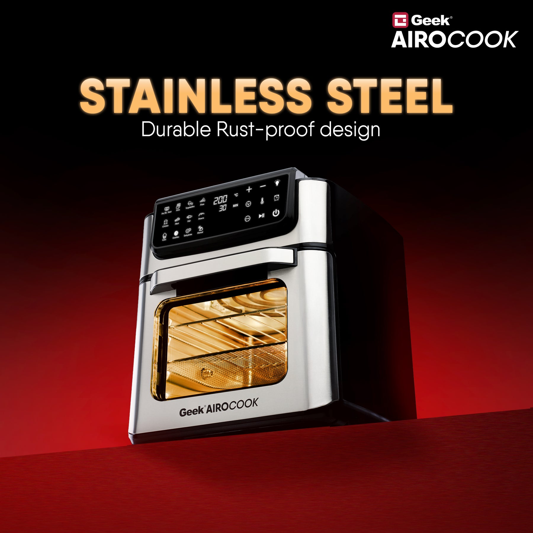Geek AiroCook Helix 12 Litres 8-in-1 Digital Air fryer oven with In-built Rotisserie Function, 12 Preset Menus, Recipe Book and 8 Accessories 1700W