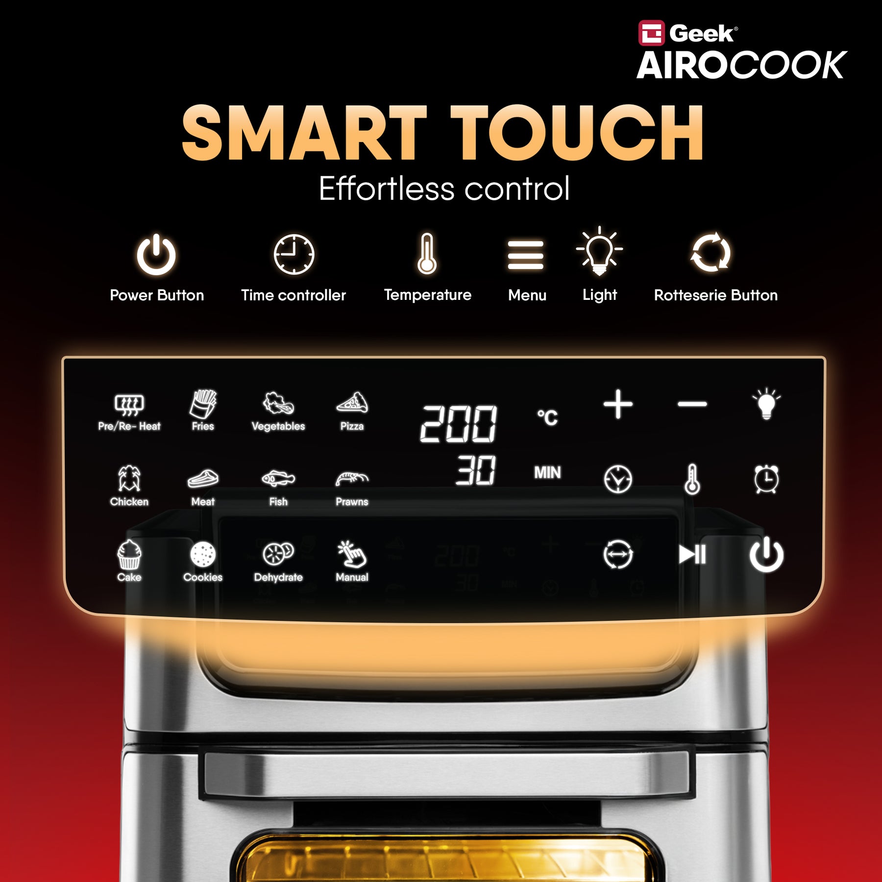 Geek AiroCook Helix 12 Litres 8-in-1 Digital Air fryer oven with In-built Rotisserie Function, 12 Preset Menus, Recipe Book and 8 Accessories 1700W