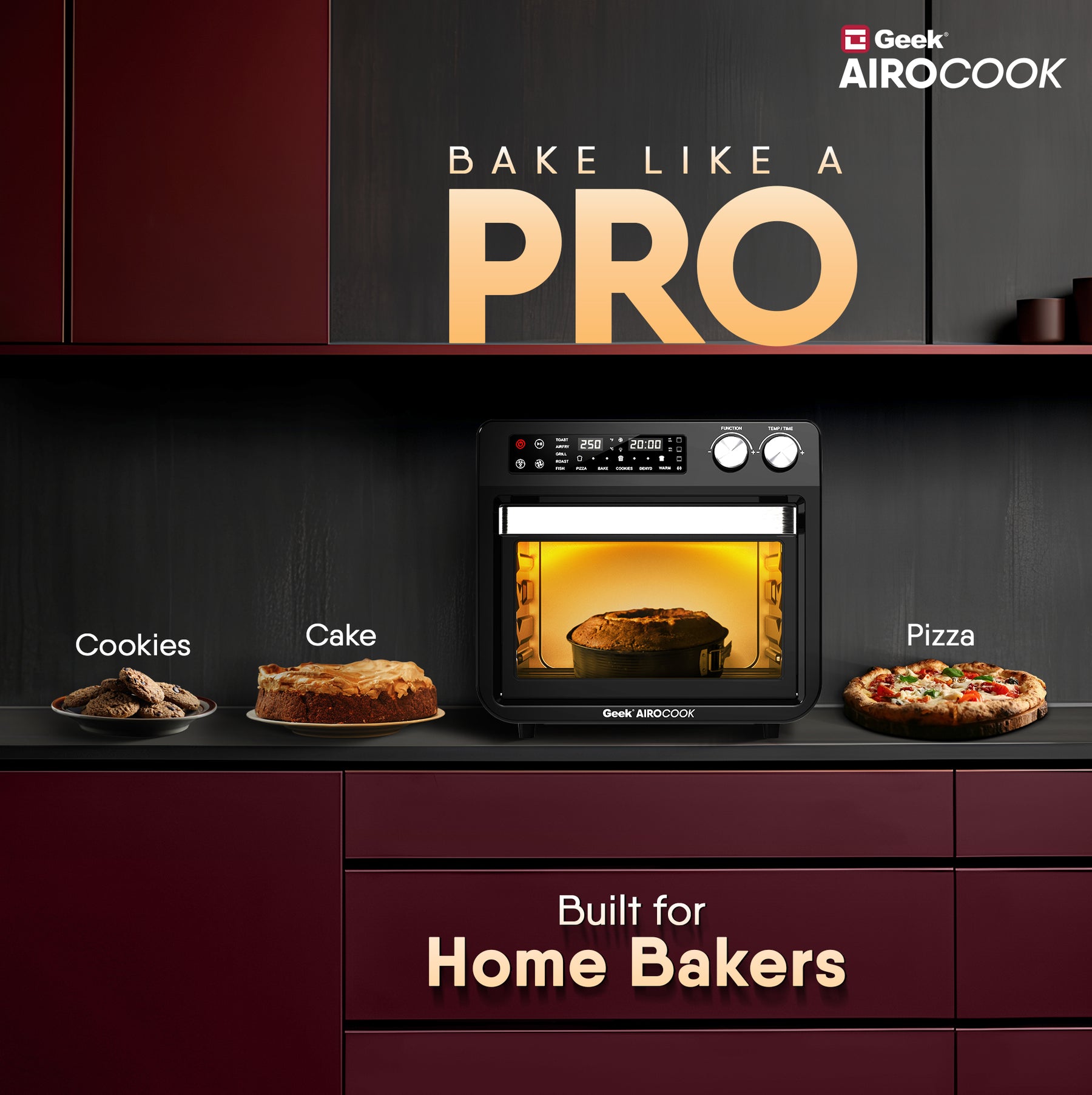 Geek AiroCook Torix 25 Litre Smart Air Fryer Oven | Fry with 85% Less Oil | Stainless Steel OTG Airfryer for Kitchen | Grill, Bake, Toast, Airfry, Rotisserrie | 1-Year Warranty | 1800 W