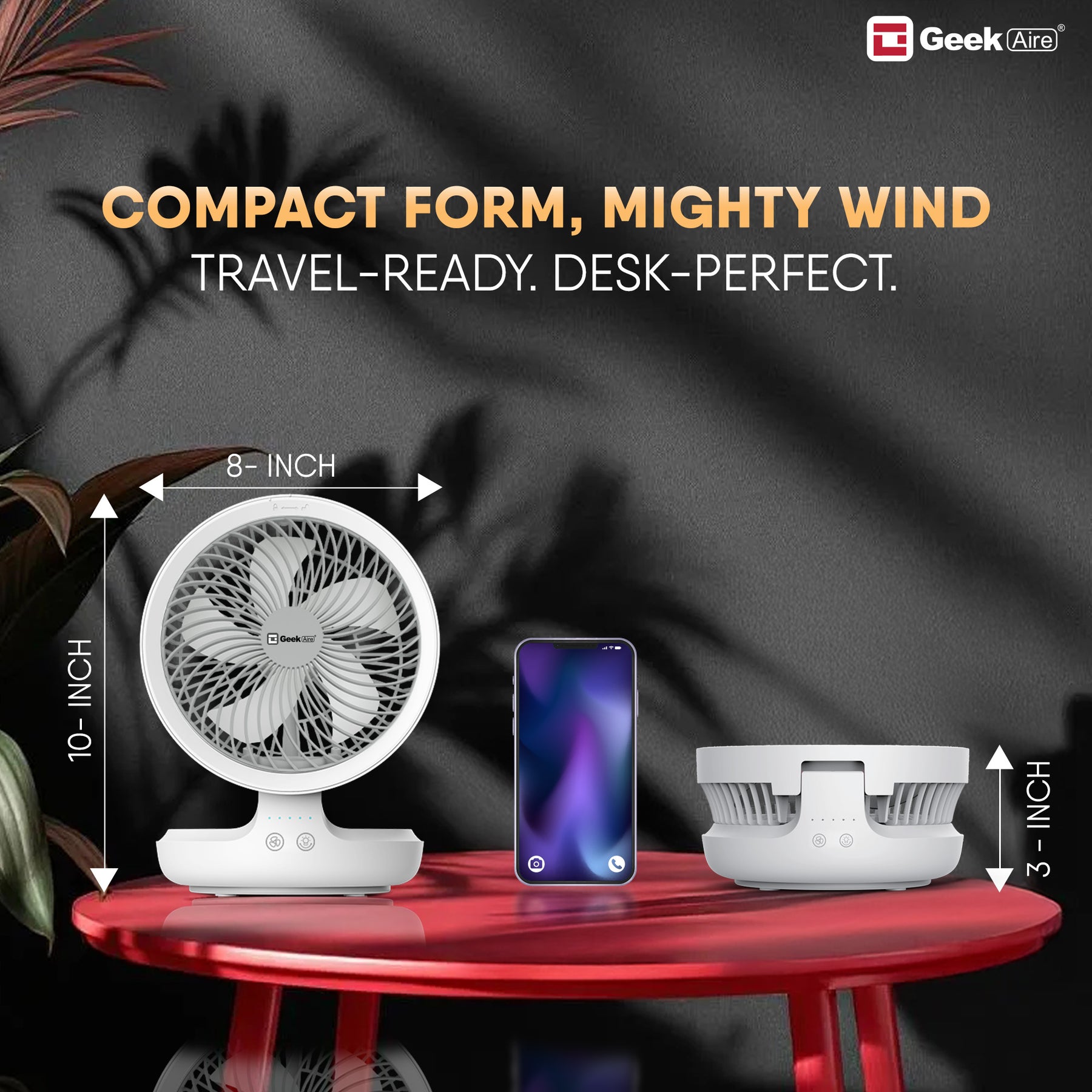 Geek Aire GF6, 8 Inch Rechargeable Mini Fan with 4000 mAh Battery and LED Night Light(White)