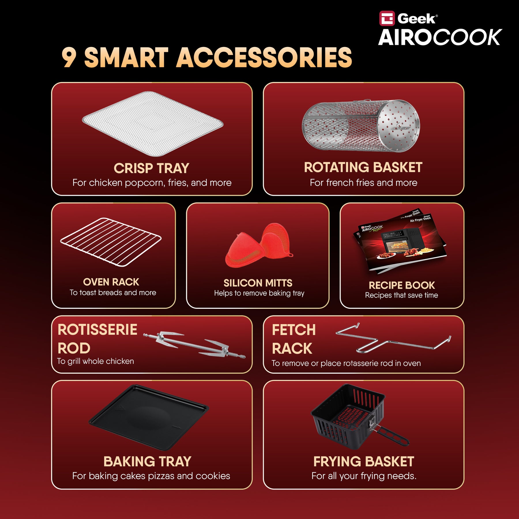 Geek AiroCook Helix 12 Litres 8-in-1 Digital Air fryer oven with In-built Rotisserie Function, 12 Preset Menus, Recipe Book and 8 Accessories 1700W