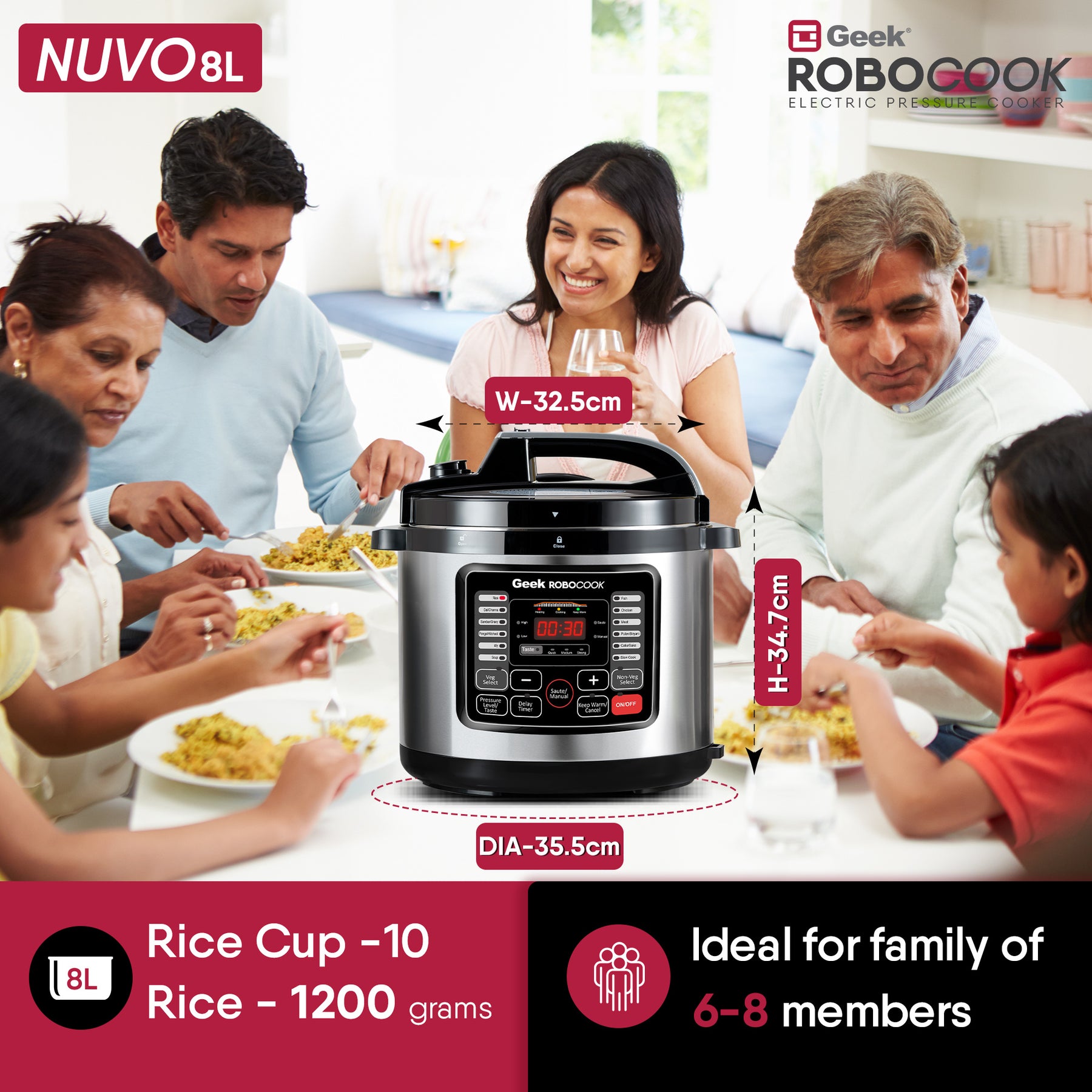 Geek Robocook Nuvo 8 Litre Electric Pressure Cooker with Stainless Steel Pot