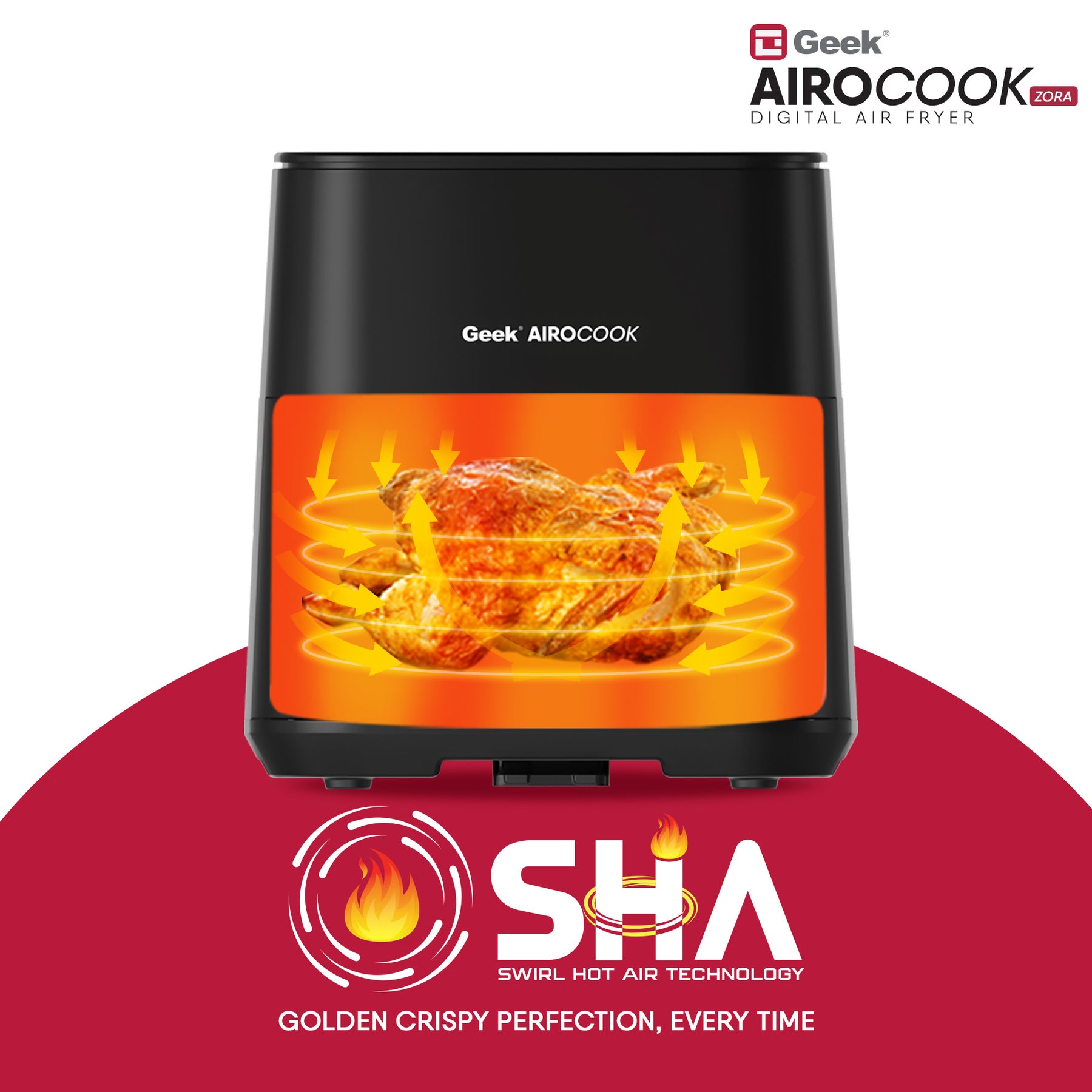 Geek Airocook Zora 5 Litre Digital Air Fryer for Home with Transparent Window, Touch Panel with 8 preset menu