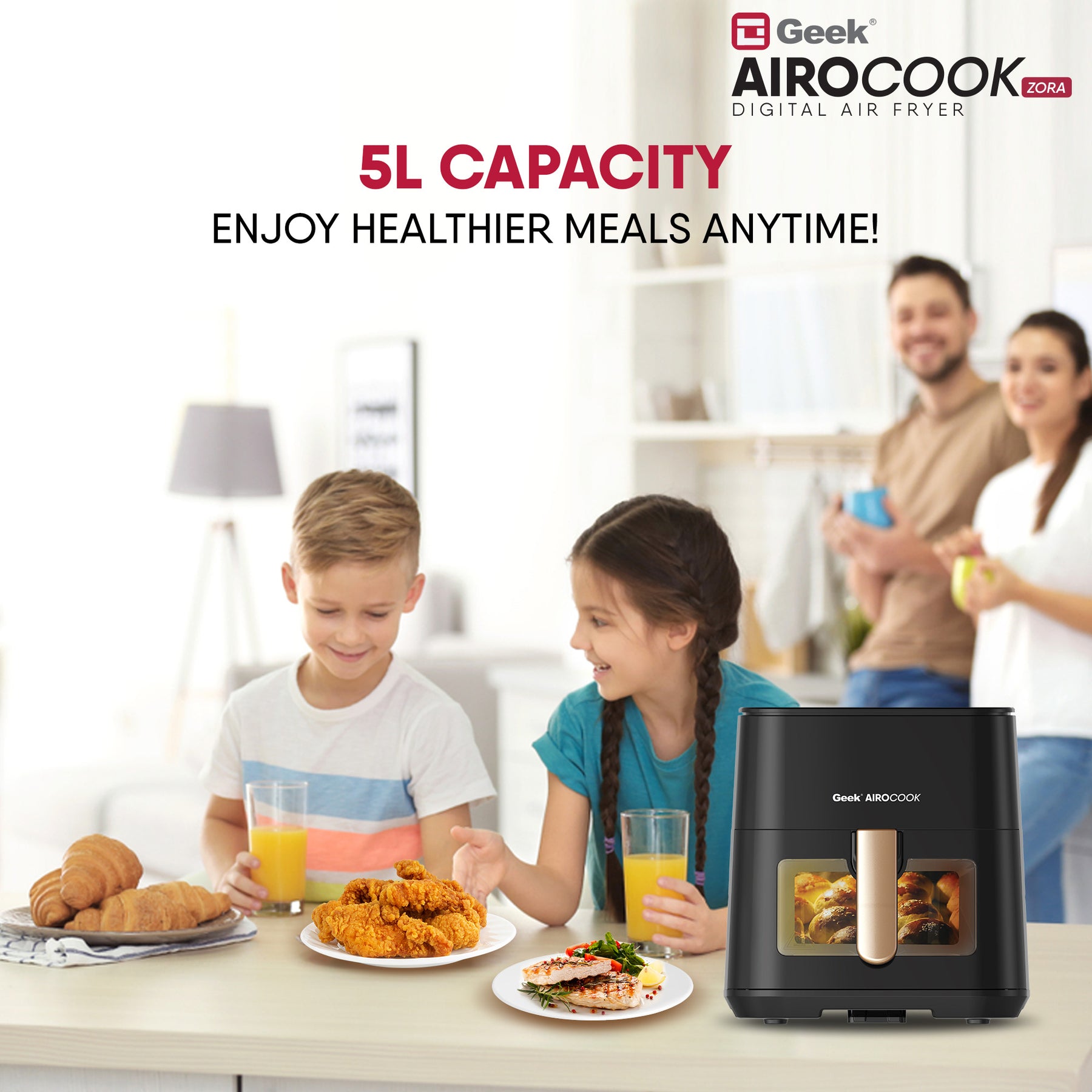 Geek Airocook Zora 5 Litre Digital Air Fryer for Home with Transparent Window, Touch Panel with 8 preset menu