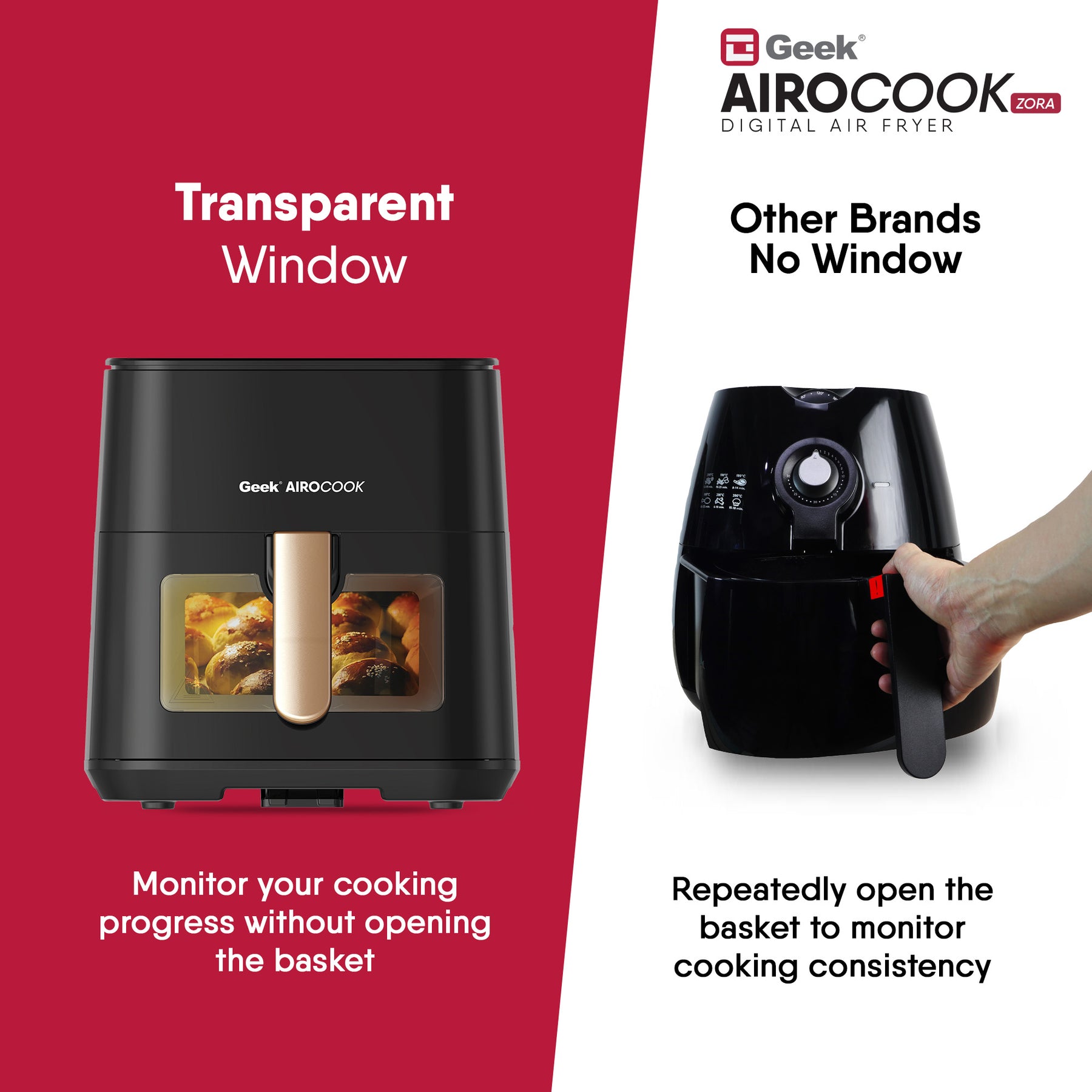 Geek Airocook Zora 5 Litre Digital Air Fryer for Home with Transparent Window, Touch Panel with 8 preset menu