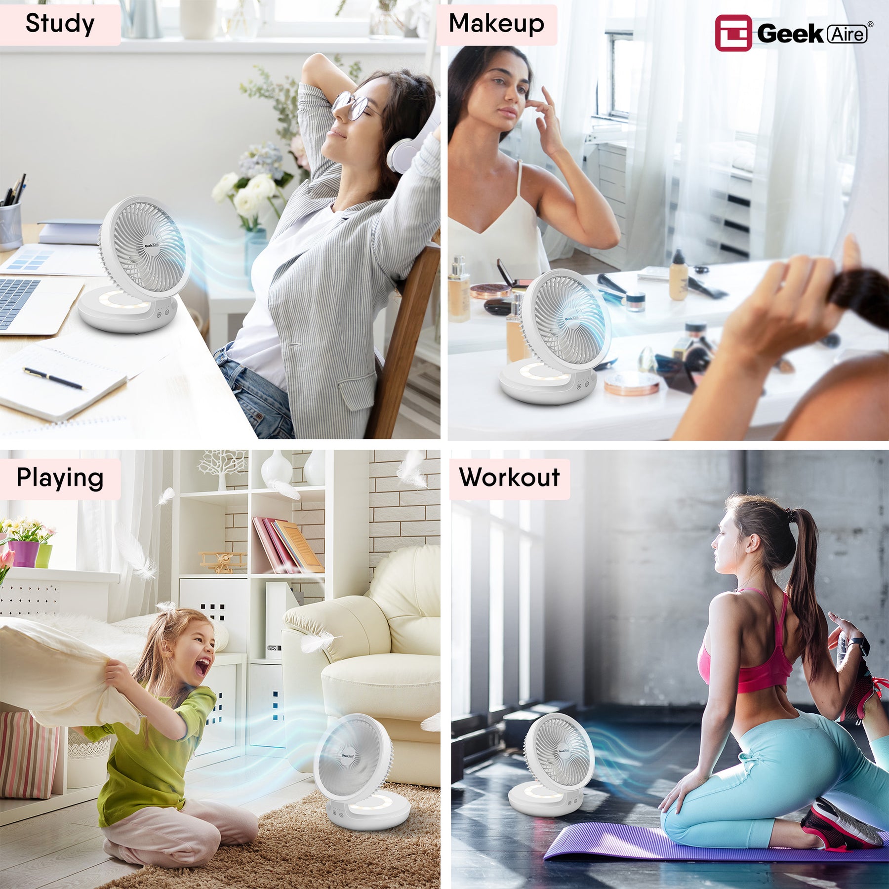 Geek Aire GF6, 8 Inch Rechargeable Mini Fan with 4000 mAh Battery and LED Night Light(White)