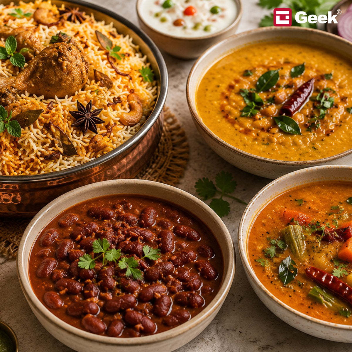Traditional Indian dishes including biryani, dal, rajma, and sambar