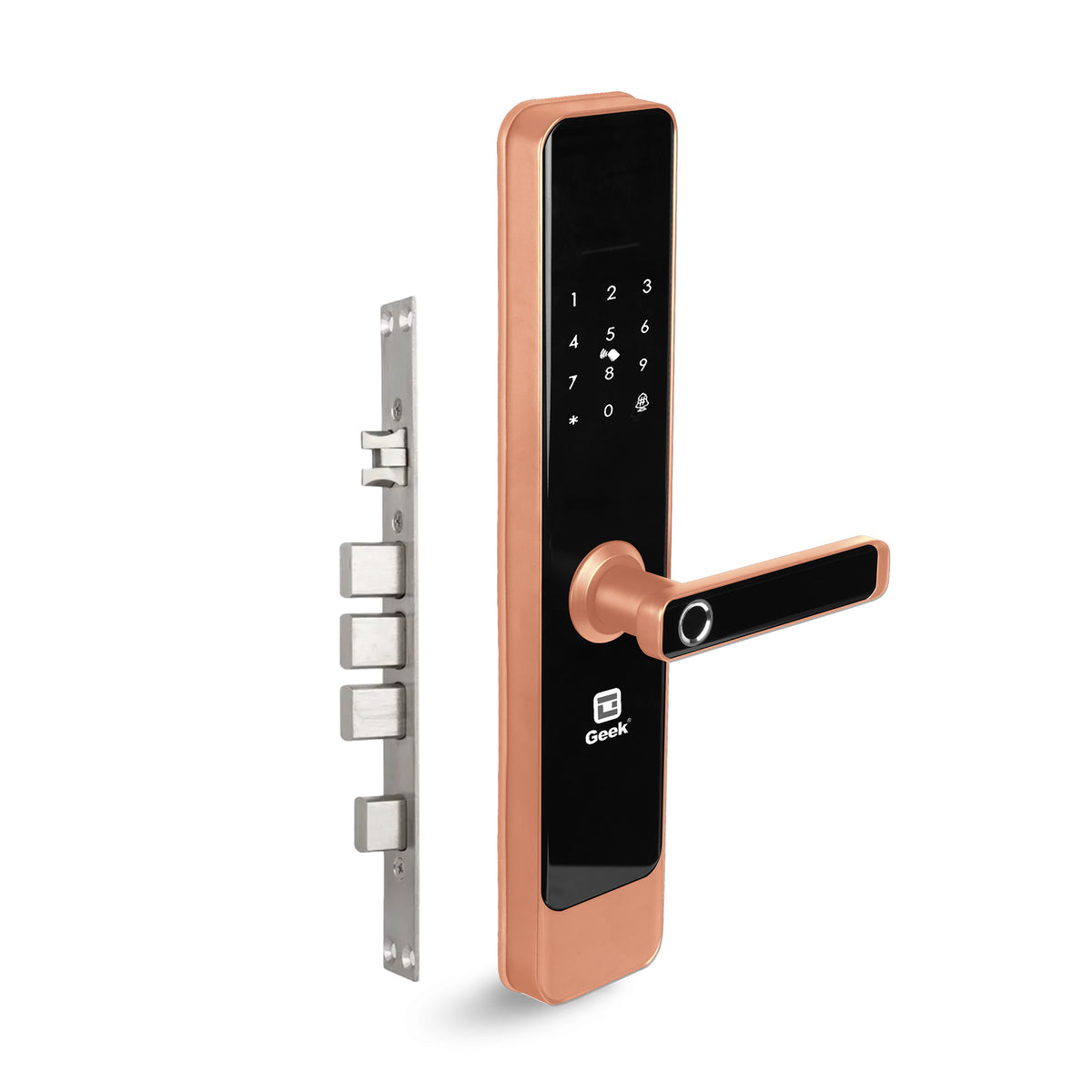 Geek E908 Wi-Fi Enabled 5-in-1 Smart Digital Door Lock With 5 Locking Bolts, App Support and Biometric Fingerprint Access (Rose Gold)