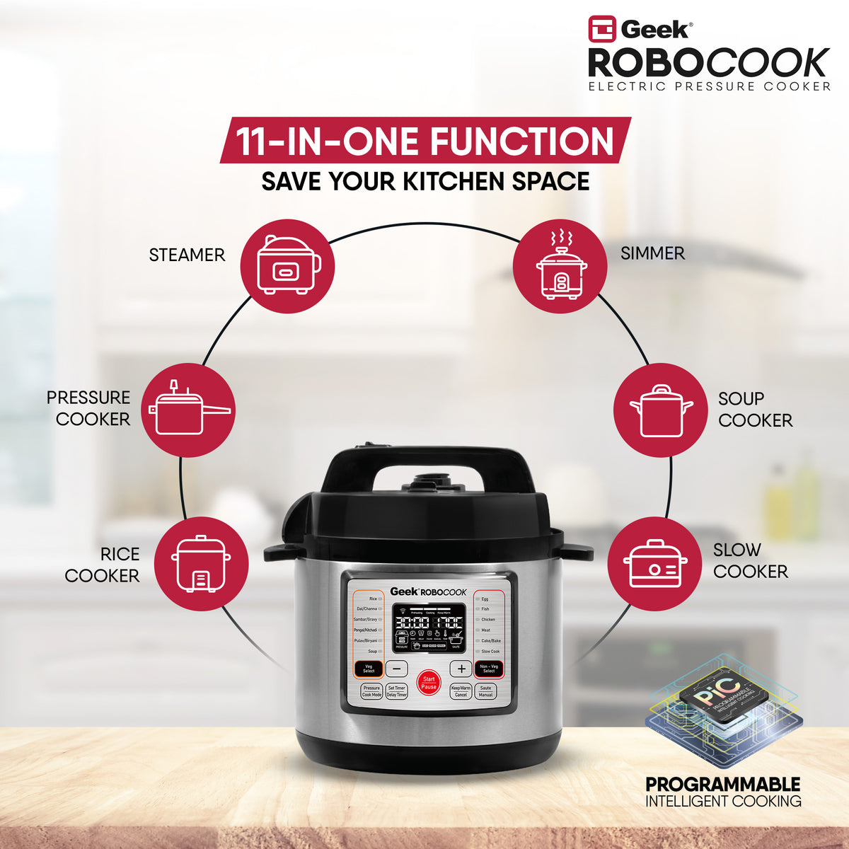 Geek RoboCook Hexa 6 Litre Electric Pressure Cooker | Stainless Steel Pot