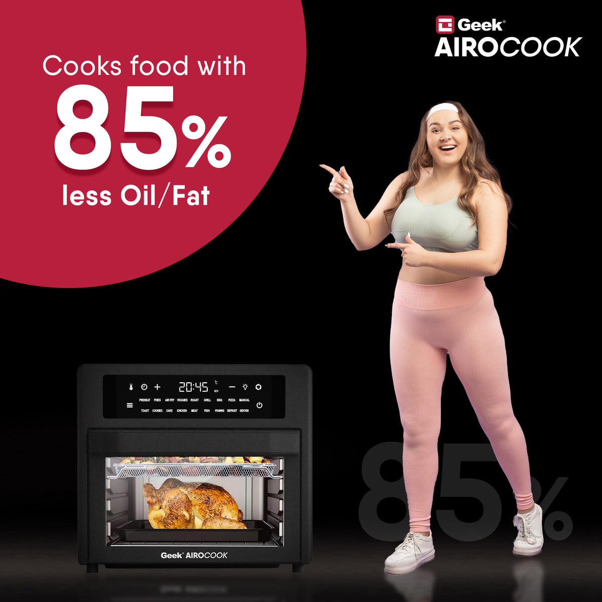 Geek Airocook Zenix 25L Digital AirFryer Oven | Cooks Food With 85% Less Oil | 18 Preset Menus | 8 Accessories