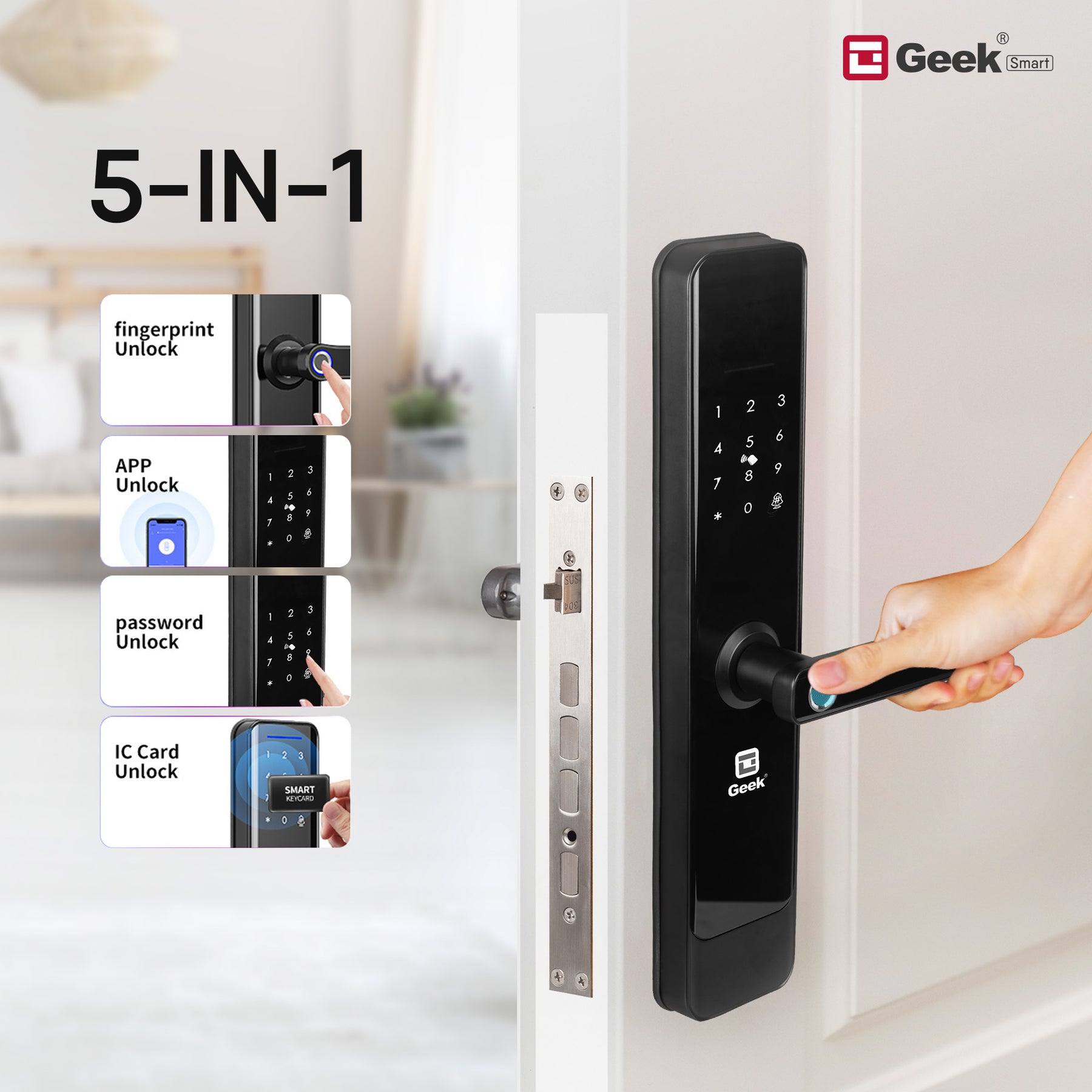 Geek E908 Wi-Fi Enabled 5-in-1 Smart Digital Door Lock With 5 Locking  Bolts, App Support and Biometric Fingerprint Access (Black)