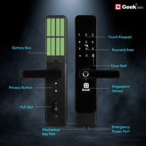 Geek E908 Wi-Fi Enabled 5-in-1 Smart Digital Door Lock With 5 Locking Bolts, App Support and Biometric Fingerprint Access (Black)