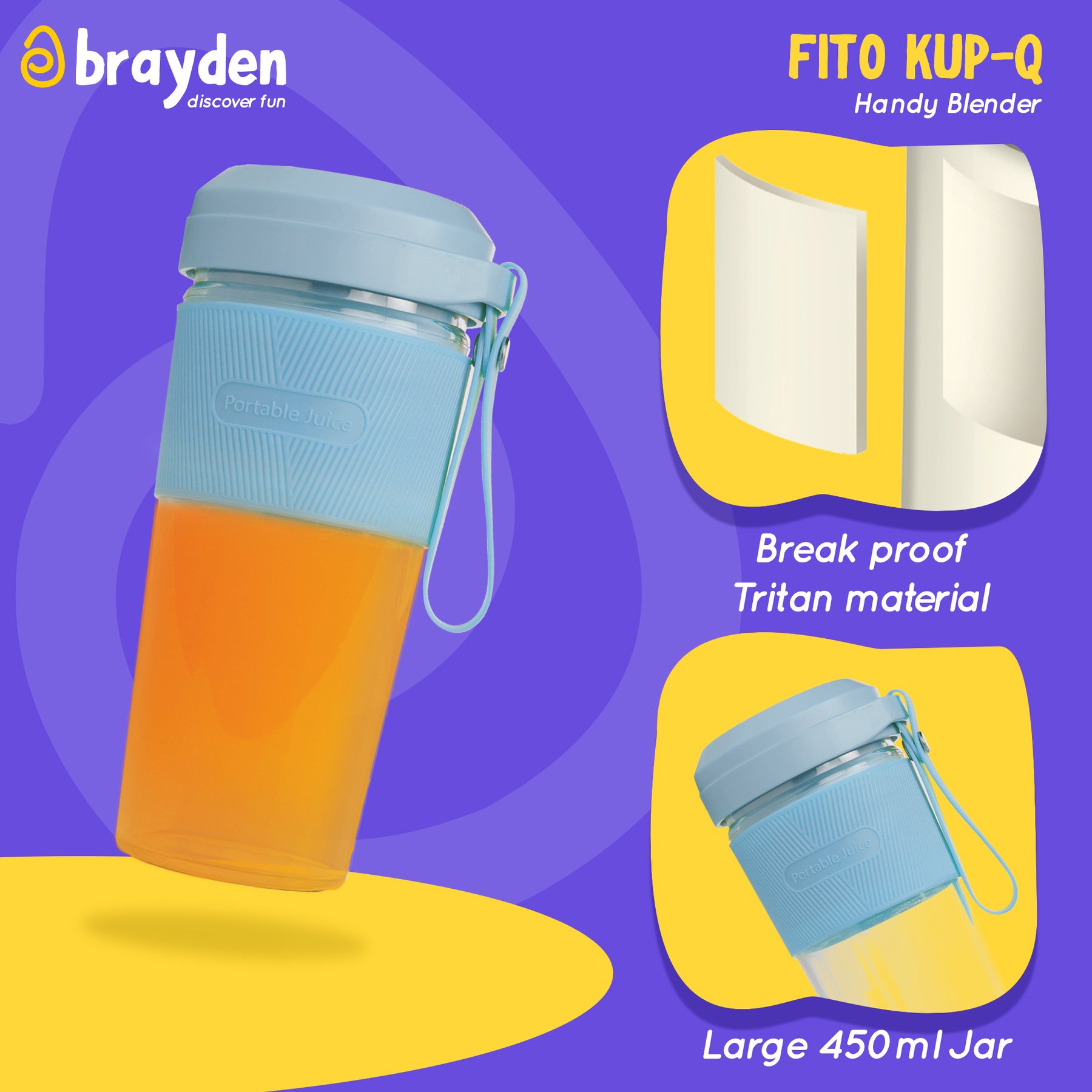 Brayden Fito Kup-Q Rechargeable Power Blender with 7.4V Motor,2400 mAh Li-ion battery & Break proof 450 ml Tritan jar with hold grip (Blue)