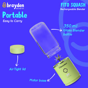 - Brayden Fito Squash Rechargeable Blender, Inbuilt 2400 mAh Battery, Portable 350 ml Glass Jar (Green)