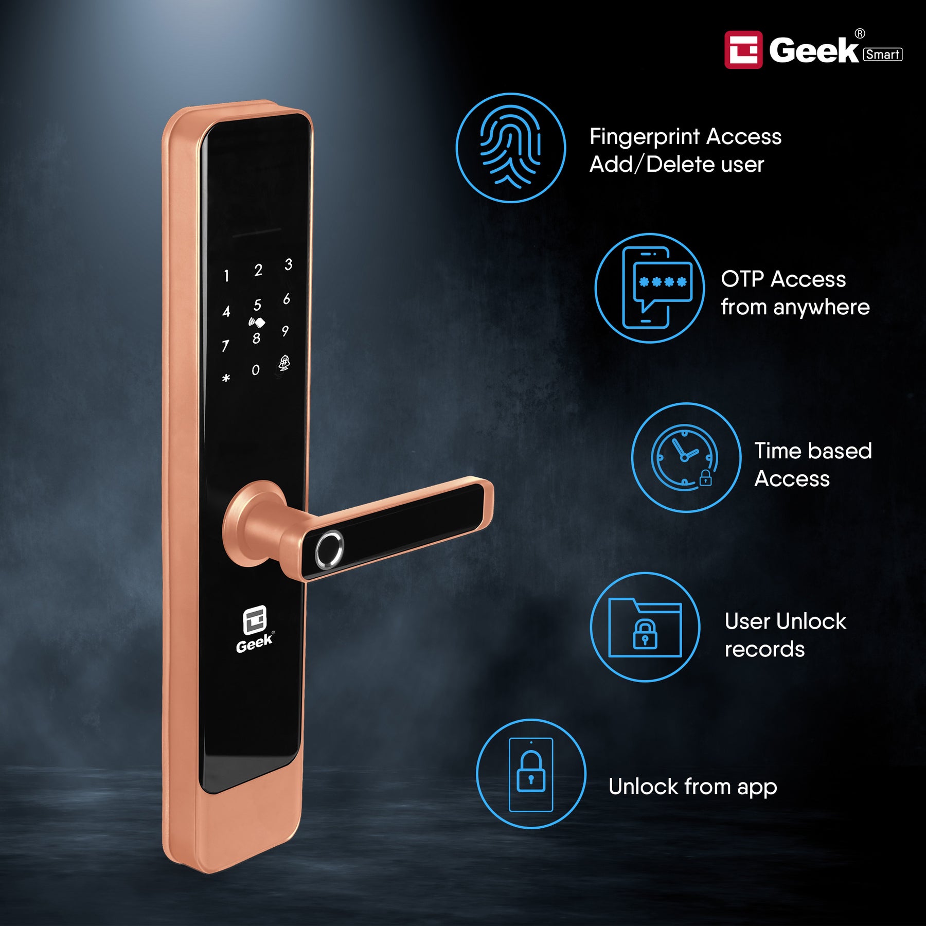 Geek E908 Wi-Fi Enabled 5-in-1 Smart Digital Door Lock With 5 Locking Bolts, App Support and Biometric Fingerprint Access (Rose Gold)
