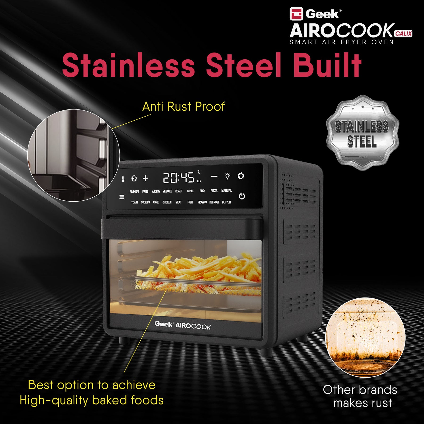 Geek AiroCook Calix 15 Litres 9-in-1 Digital Touch Air Fryer Oven in-built Rotisserie Function with 18 Preset Menus, 8 Accessories & 1200 Watt