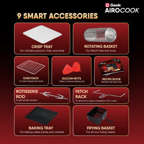 Geek AiroCook Helix 12 Litres 8-in-1 Digital Air fryer oven with In-built Rotisserie Function, 12 Preset Menus, Recipe Book and 8 Accessories 1700W