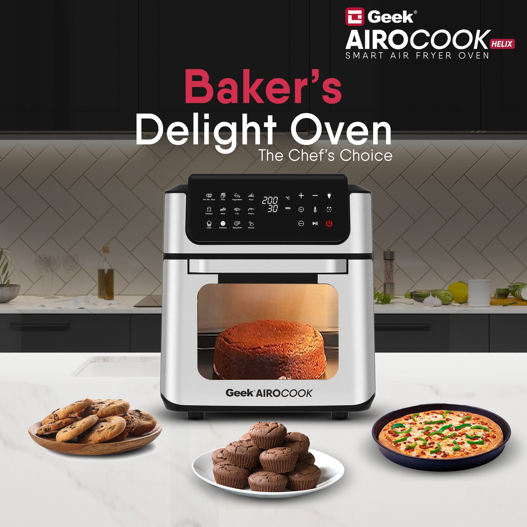 Geek AiroCook Helix 12 Litres 8-in-1 Digital Air fryer oven with In-built Rotisserie Function & 12 Preset Menus, Recipe Book and 8 Accessories (1700W)