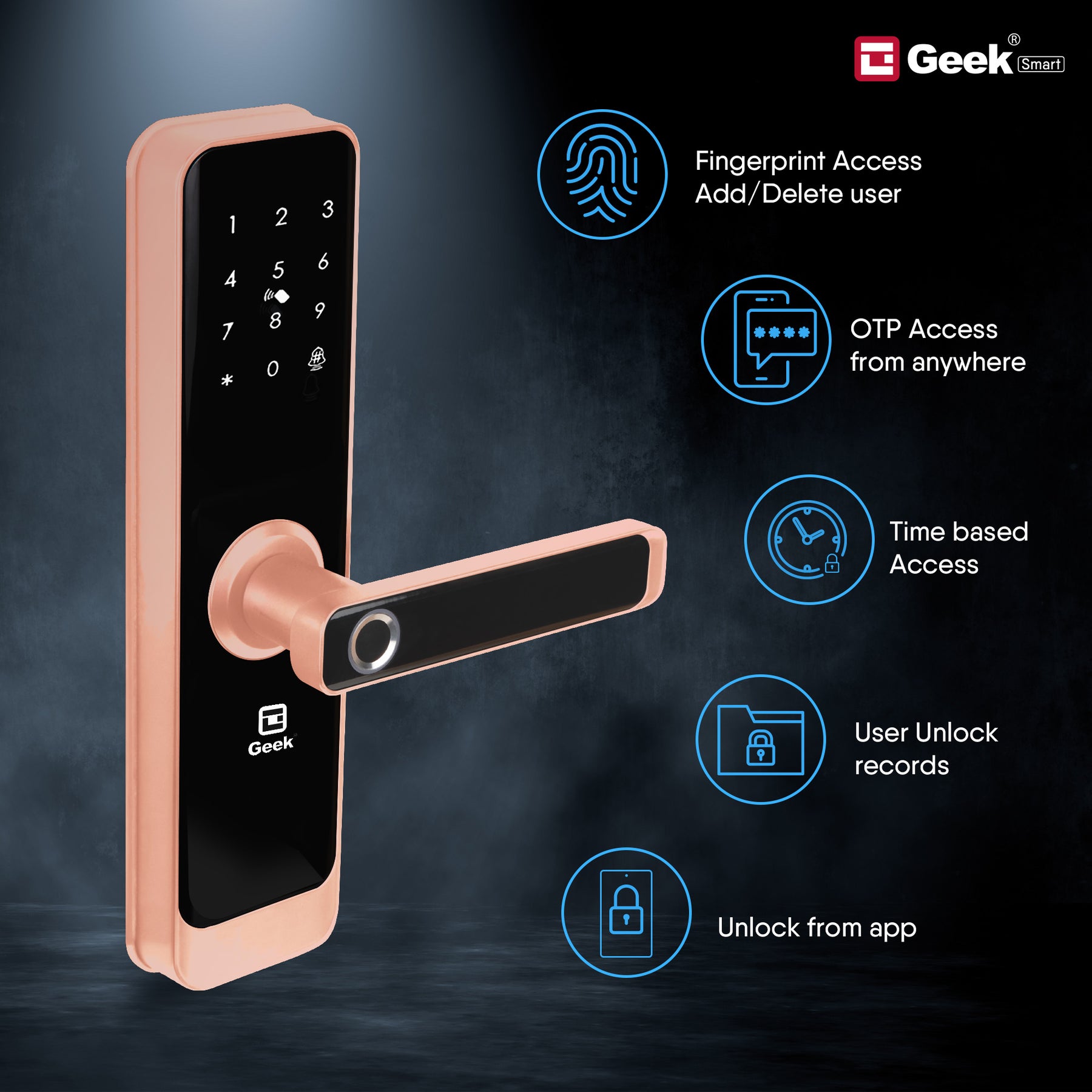 Geek A270 Wi-Fi Enabled 5-in-1 Smart Digital Door Lock With 4 Locking Bolts, App Support and Biometric Fingerprint Access (Rose Gold)