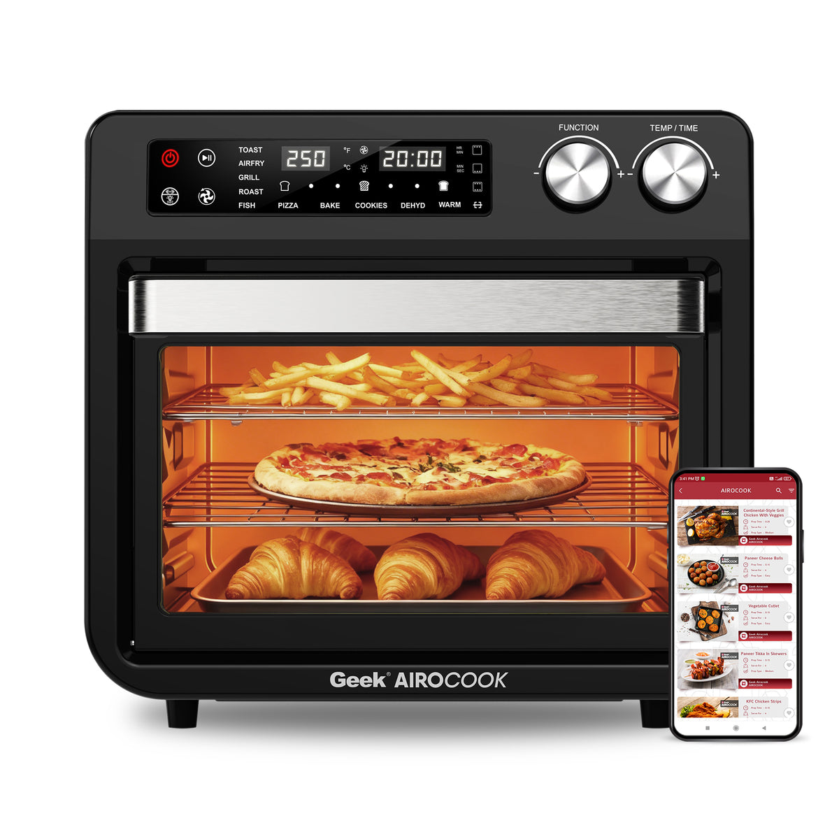 Geek AiroCook Torix 25 Litre Smart Air Fryer Oven | Fry with 85% Less Oil | Stainless Steel OTG Airfryer for Kitchen | Grill, Bake, Toast, Airfry, Rotisserrie | 1-Year Warranty | 1800 W