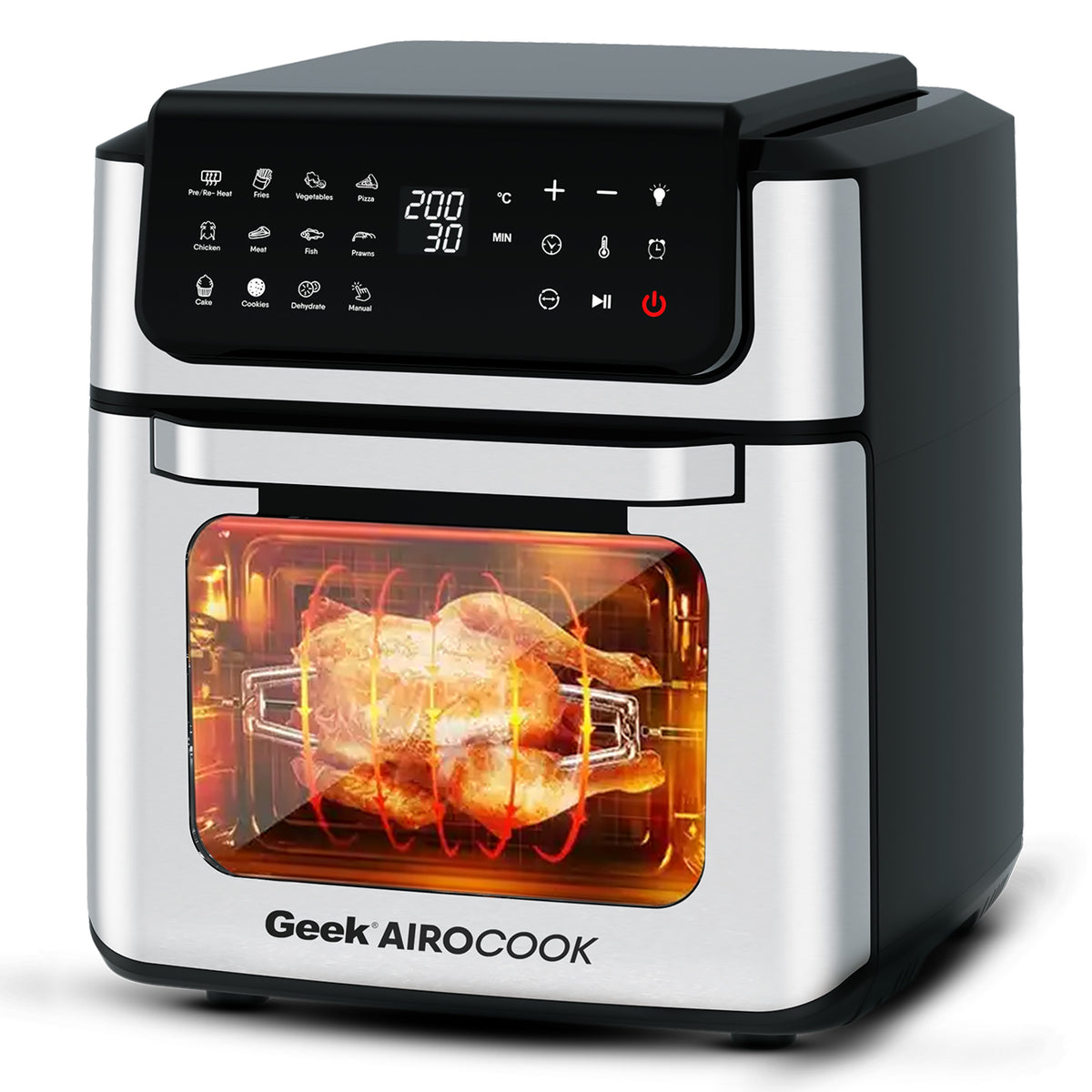 Geek AiroCook Helix 12 Litres 8-in-1 Digital Air fryer oven with In-built Rotisserie Function & 12 Preset Menus, Recipe Book and 8 Accessories (1700W)