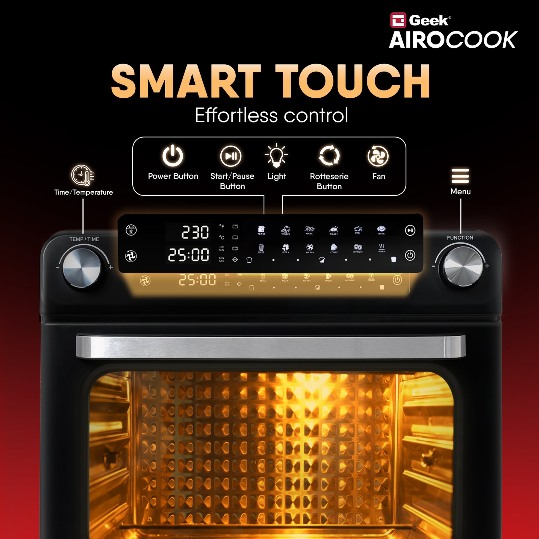 Geek AiroCook Magnix 36 Litre Smart Air Fryer Oven | Fry with 85% Less Oil | Stainless Steel OTG Airfryer for Kitchen | Grill, Bake, Toast, Airfry, Rotisserrie | 1-Year Warranty | 1800 W