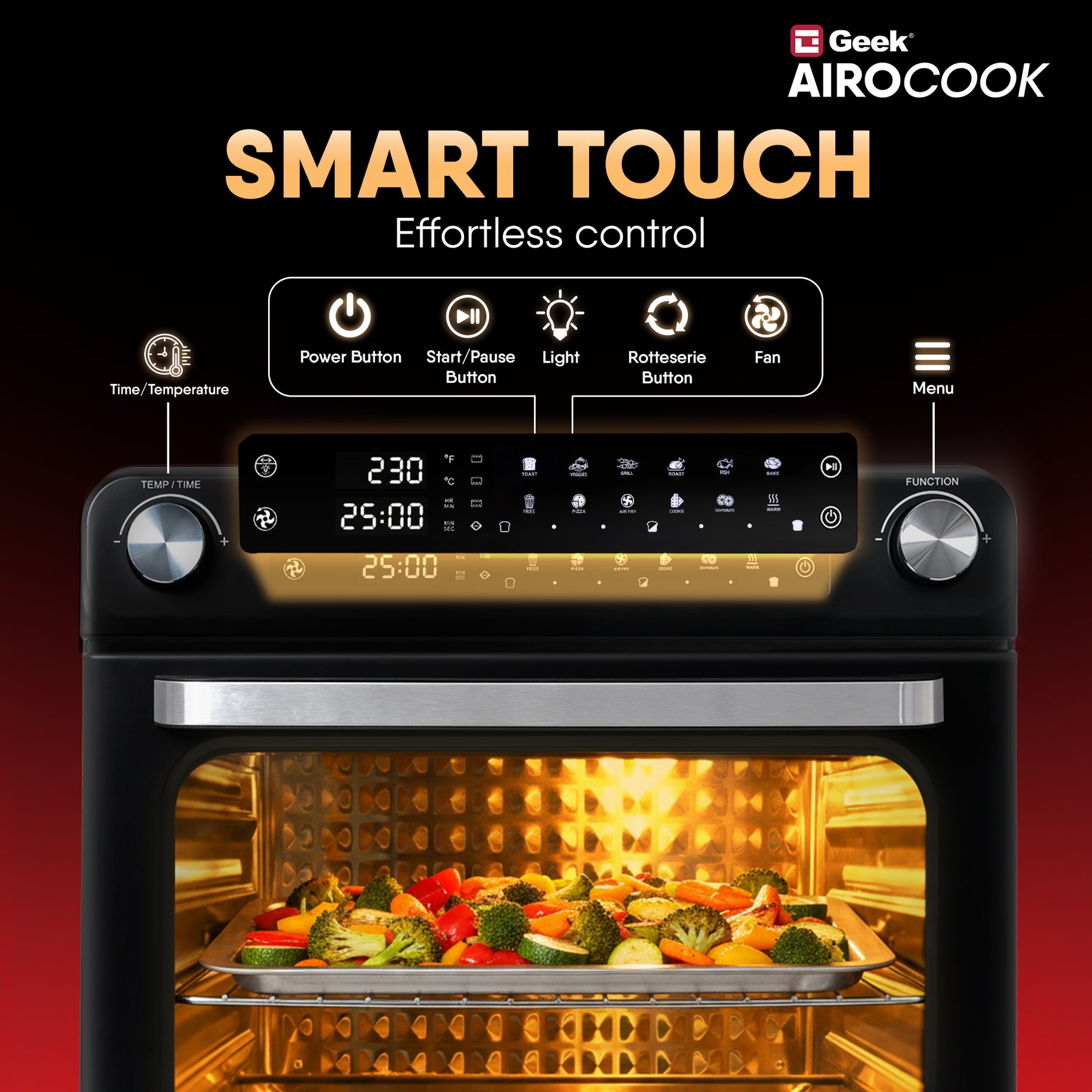 Geek AiroCook Magnix 36 Litre Large Air Fryer Oven | Stainless Steel OTG | Grill, Bake, Toast, Rotisserie, Air Fry with 85% Less Oil | Smart Home Kitchen Appliance | 1800W