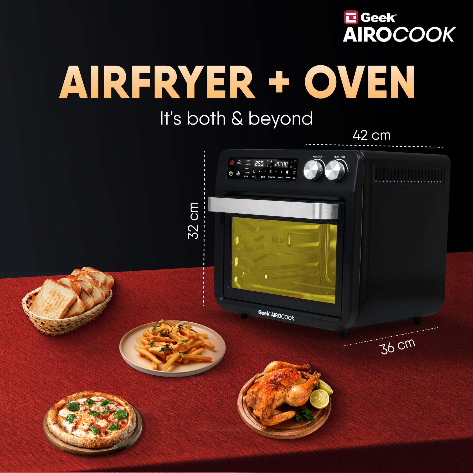 Geek AiroCook Torix 25 Litre Smart Air Fryer Oven | Fry with 85% Less Oil | Stainless Steel OTG Airfryer for Kitchen | Grill, Bake, Toast, Airfry, Rotisserrie | 1-Year Warranty | 1800 W