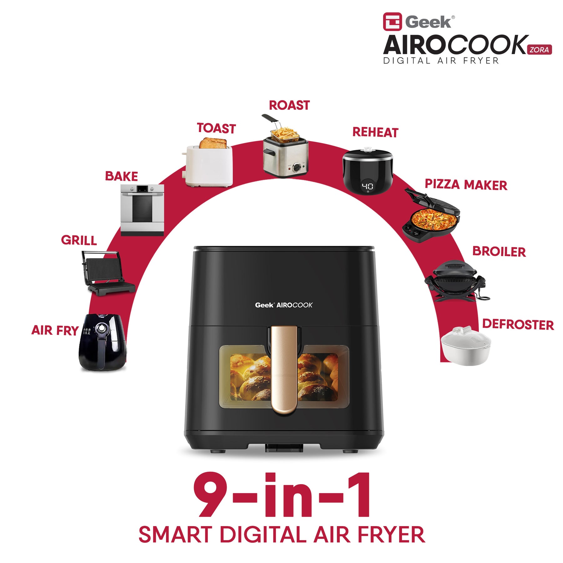 Geek Airocook Zora 5 Litre Digital Air Fryer for Home with Transparent Window, Touch Panel with 8 preset menu