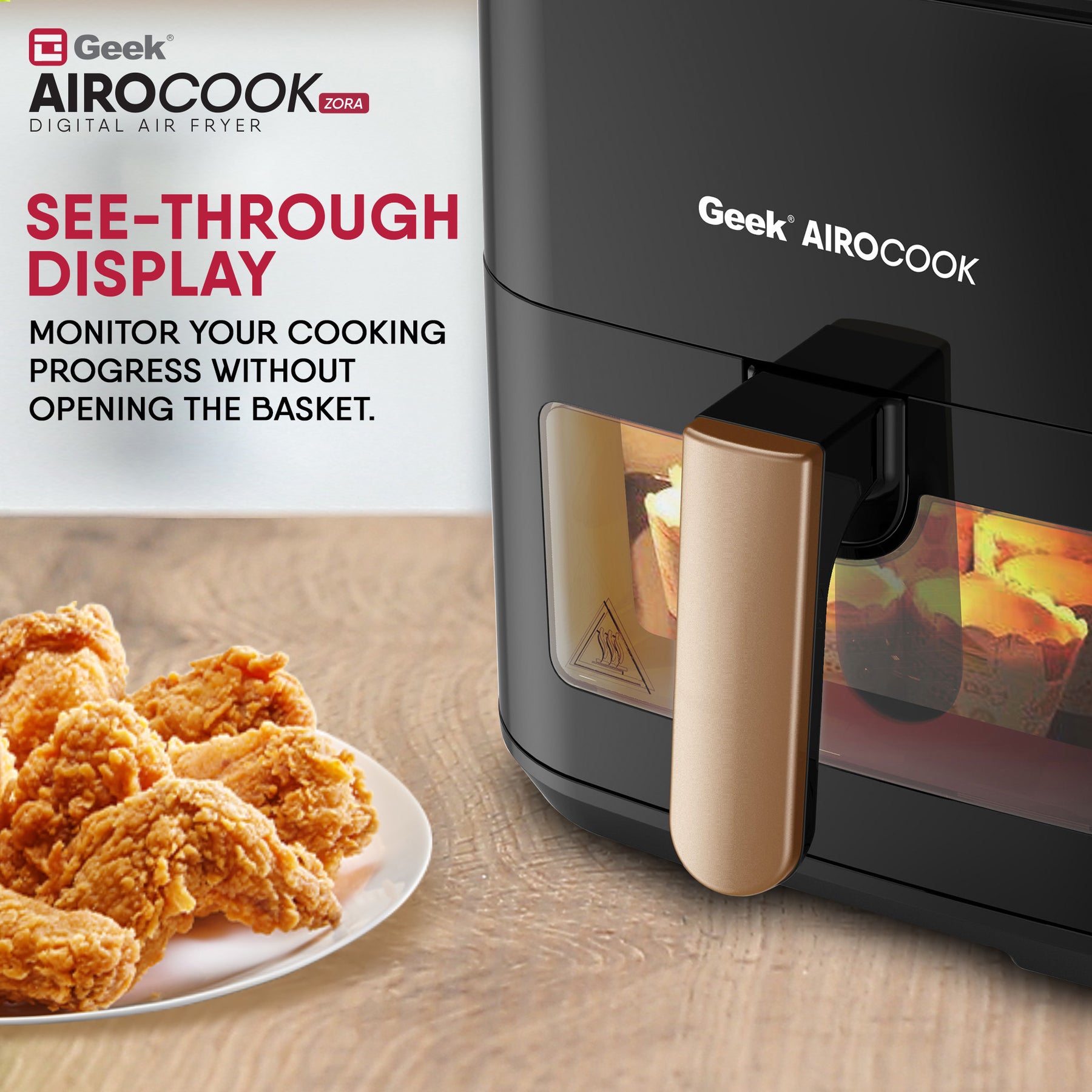 Geek Airocook Zora 5 Litre Digital Air Fryer for Home with Transparent Window, Touch Panel with 8 preset menu