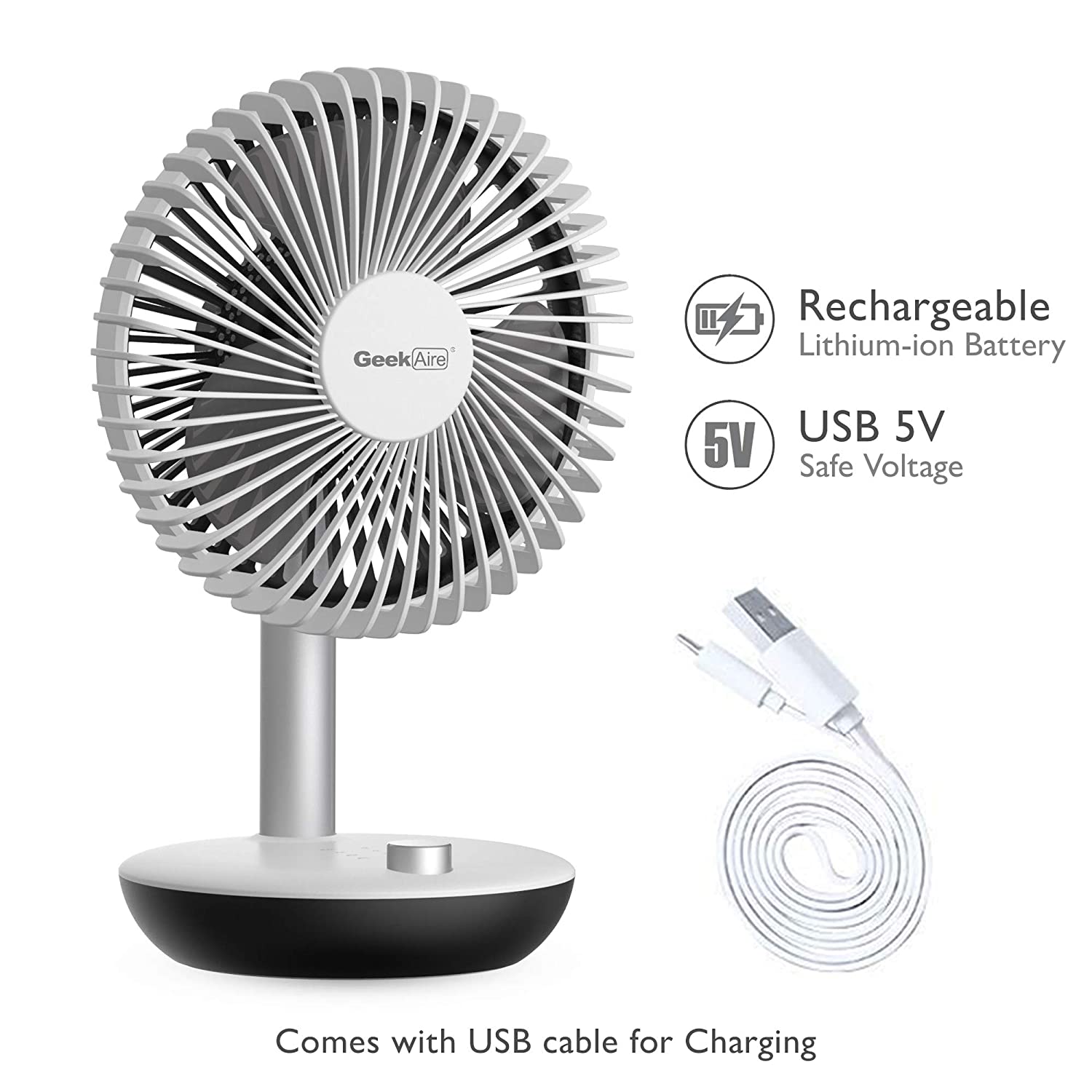 Geek Aire GF5 Rechargeable Mini Fan - 6 Inch Oscillating (White)