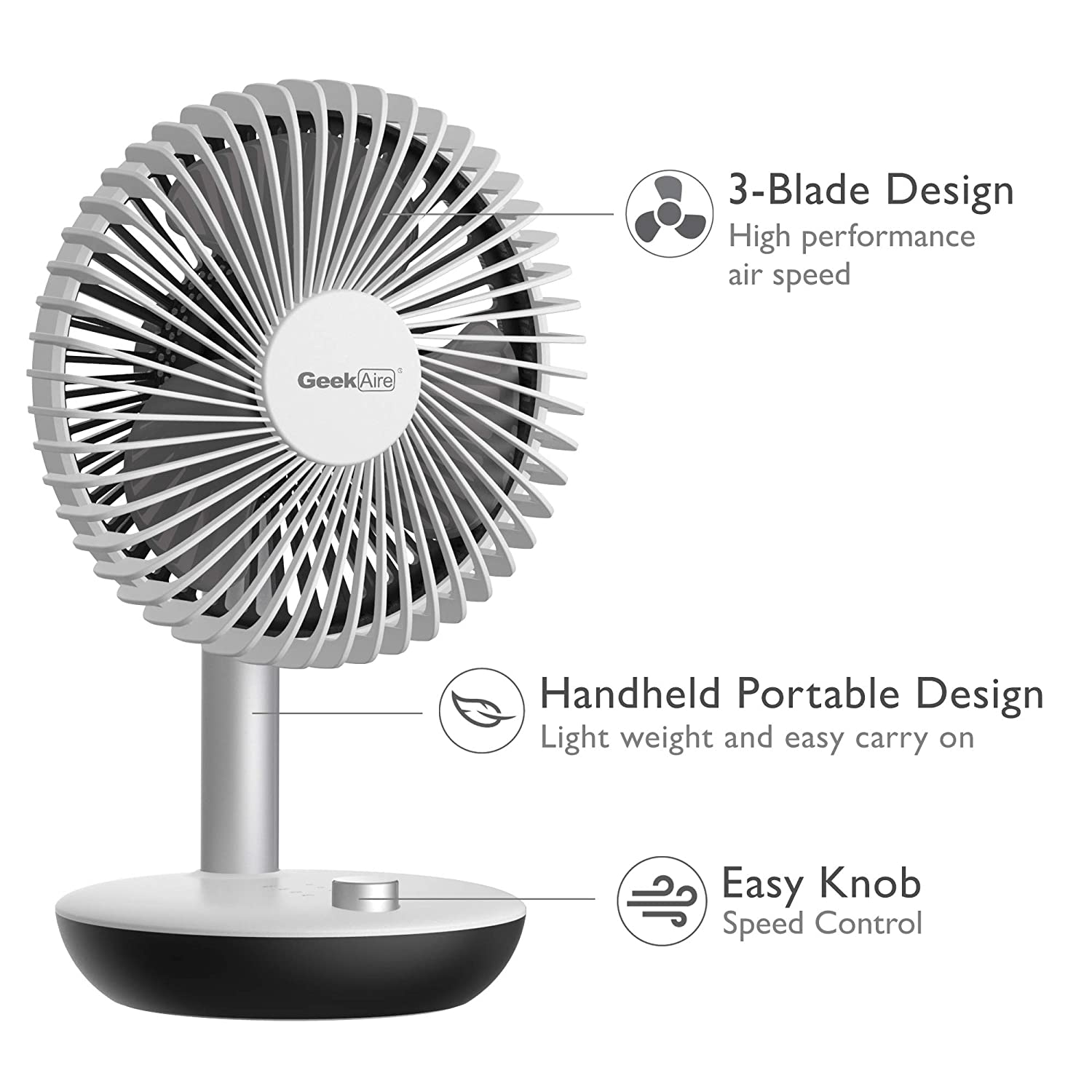 Geek Aire GF5 Rechargeable Mini Fan - 6 Inch Oscillating (White)