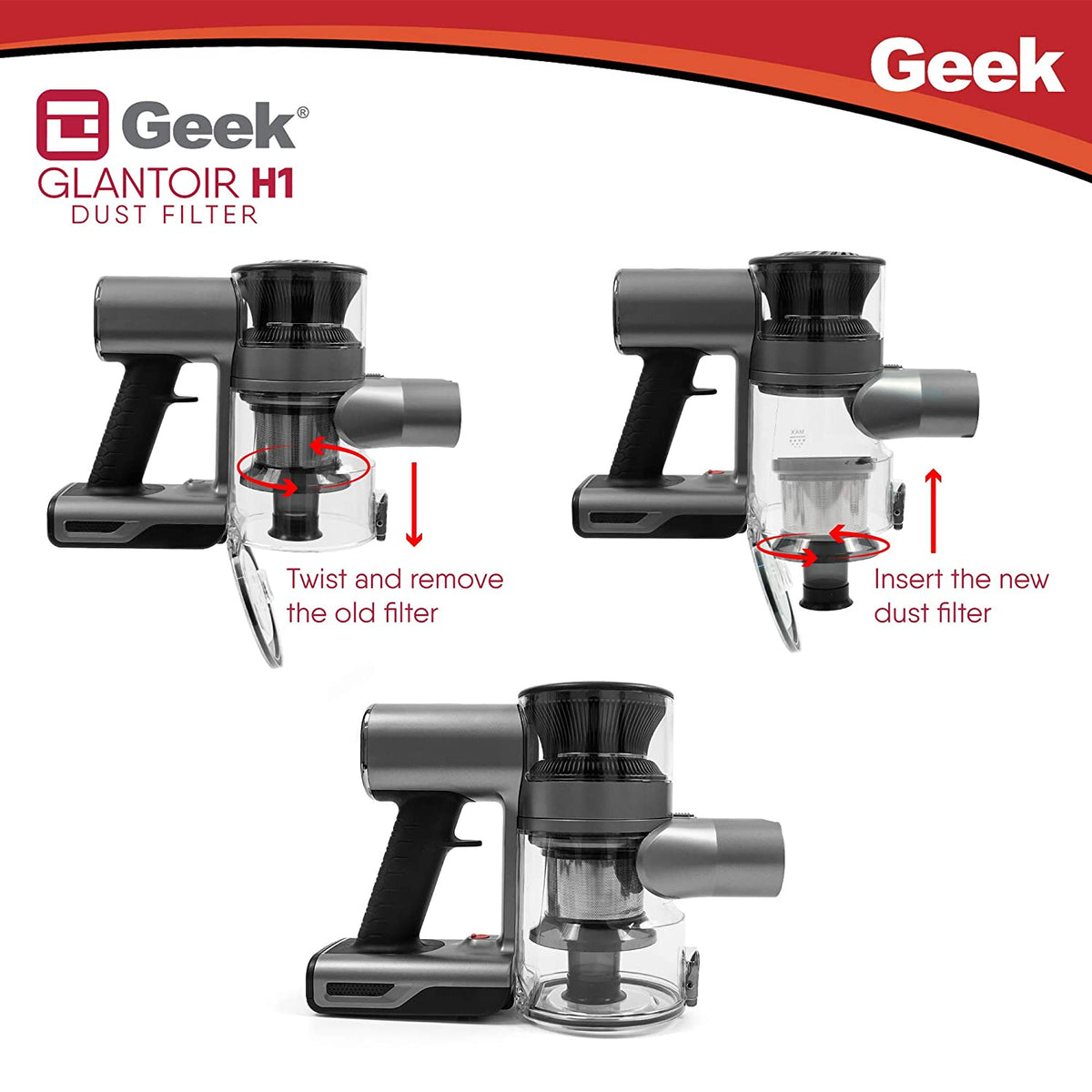 Geek Glantoir H1, HEPA Dust Filter Compatible with Glantoir A9 Wireless Vacuum Cleaner, Black